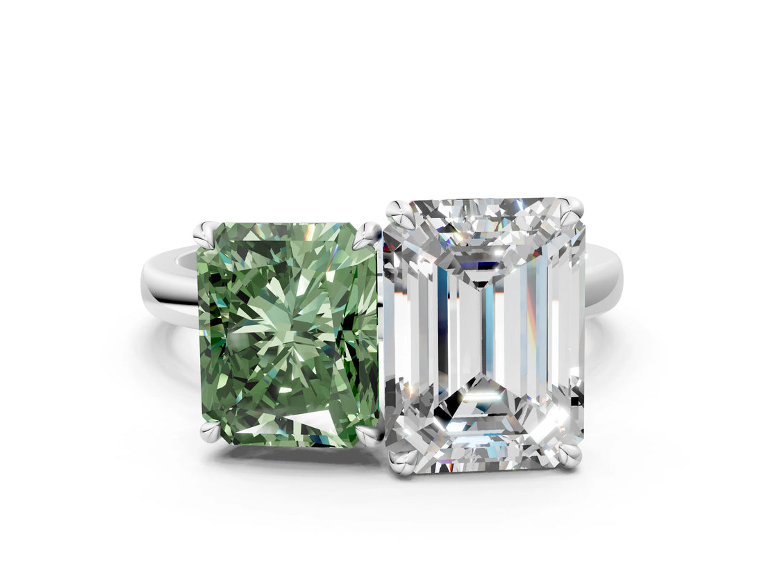 White gold Fancy Green Radiant  and Emerald Cut Toi Moi Ring with Prong Setting_46