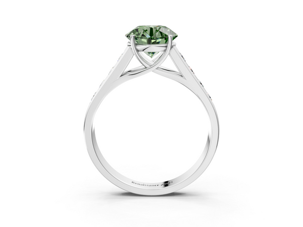 Platinum Fancy Green Round  Brilliant Channel-Set Solitaire Ring with Four-Prong Setting