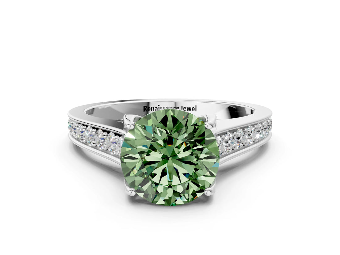 White gold Fancy Green Round  Brilliant Cut Diamond Engagement Ring with Pavé Band and Four-Prong Setting_73