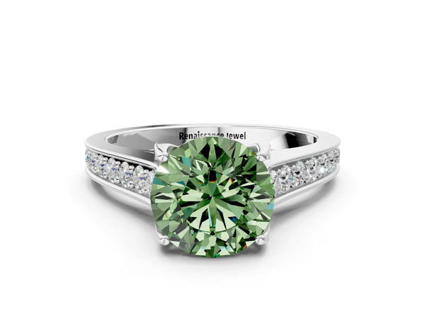 Platinum Fancy Green Round  Brilliant Cut Diamond Engagement Ring with Pavé Band and Four-Prong Setting