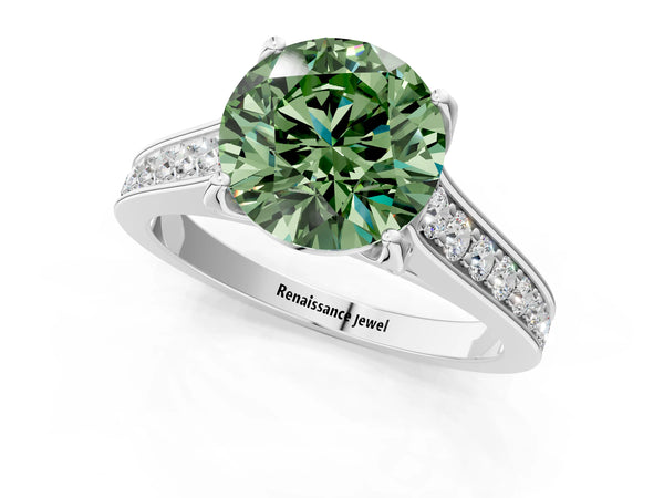 Platinum Fancy Green Round  Brilliant Cut Diamond Engagement Ring with Pavé Band and Four-Prong Setting