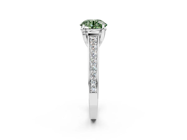 Platinum Fancy Green Round  Brilliant Cut Diamond Engagement Ring with Pavé Band and Four-Prong Setting