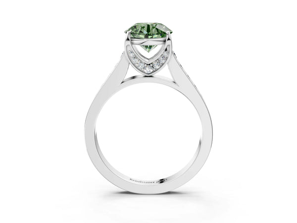 Platinum Fancy Green Round  Brilliant Cut Diamond Engagement Ring with Pavé Band and Four-Prong Setting