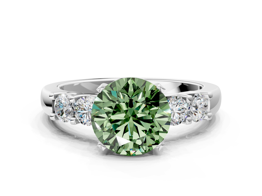 White gold Fancy Green Round  Brilliant Cut Diamond Five-Stone Prong Set Engagement Ring with Channel Band_3