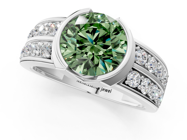 White gold Fancy Green Round  Brilliant Diamond Channel Set Wide Band Ring with Bezel Setting