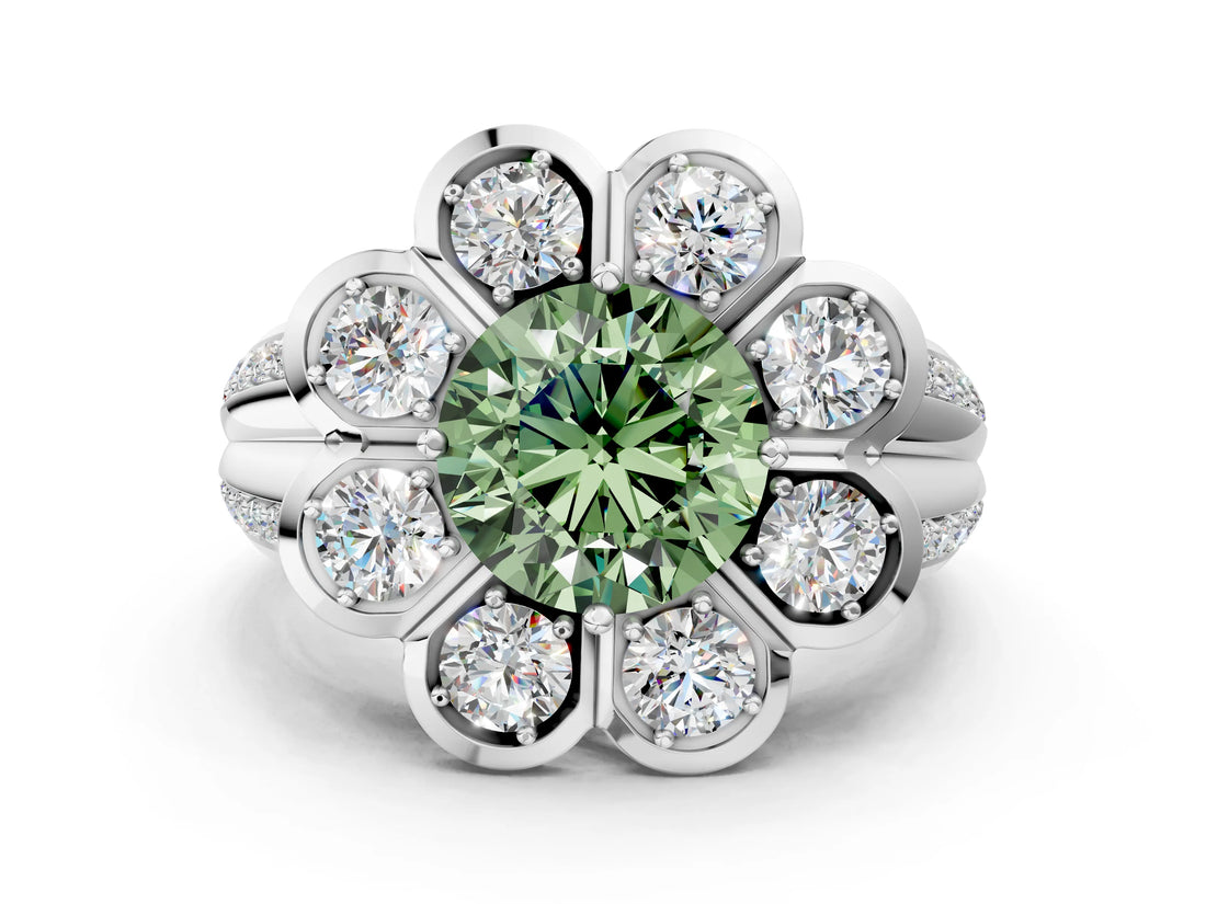 White gold Fancy Green Round  Brilliant Flower Halo Diamond Split Shank Ring_63