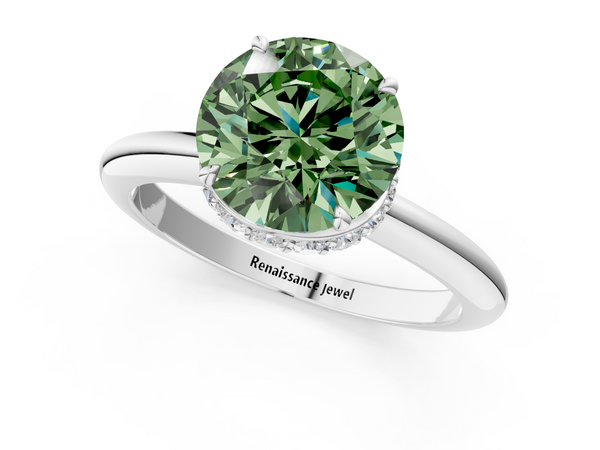 White gold Fancy Green Round  Brilliant Solitaire Engagement Ring with Six-Prong Setting and Classic Band