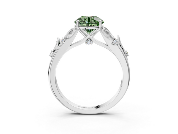 White gold Fancy Green Round Cut Diamond Solitaire Ring with Leaf Motif Band and Four-Prong Setting