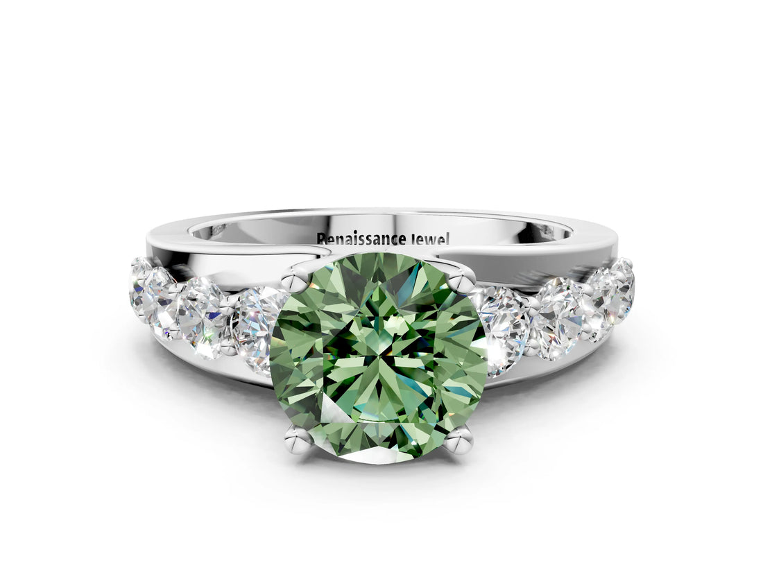 White gold Fancy Green Round  Brilliant Solitaire with Side Stones on a Pave Band and Four-Prong Setting_111
