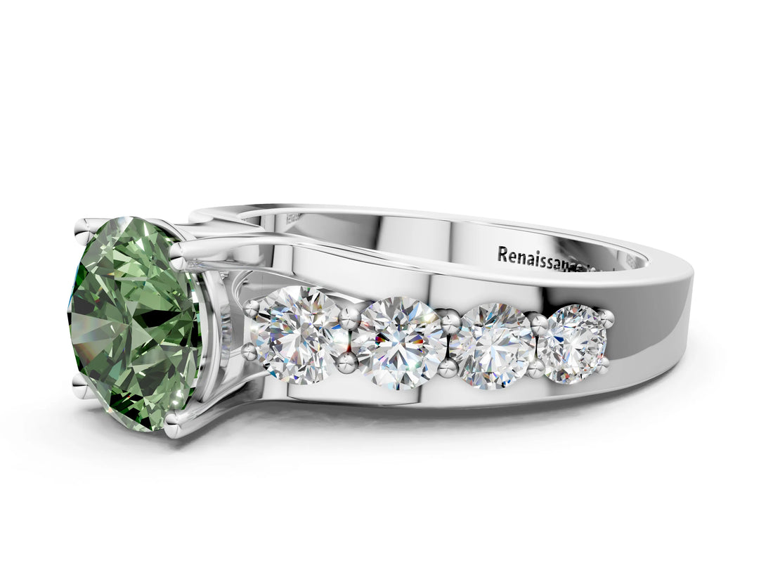 White gold Fancy Green Round  Brilliant Solitaire with Side Stones on a Pave Band and Four-Prong Setting_260