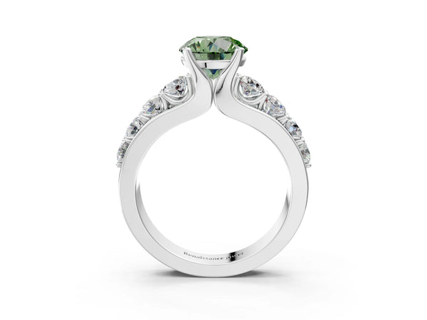 White gold Fancy Green Round  Brilliant Solitaire with Side Stones on a Pave Band and Four-Prong Setting