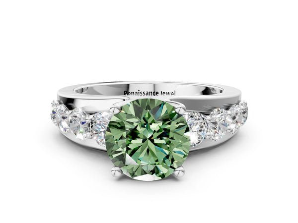 White gold Fancy Green Round  Brilliant Solitaire with Side Stones on a Pave Band and Four-Prong Setting