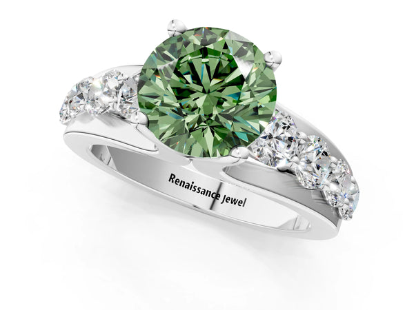 White gold Fancy Green Round  Brilliant Solitaire with Side Stones on a Pave Band and Four-Prong Setting