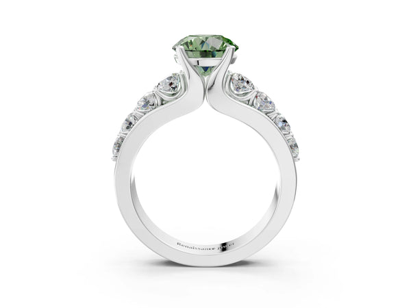 White gold Fancy Green Round  Brilliant Solitaire with Side Stones on a Pave Band and Four-Prong Setting