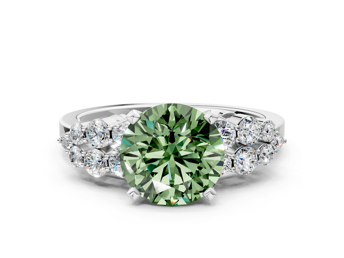 White gold Fancy Green Round  Cluster Diamond Engagement Ring with Pavé Band and Four-Prong Setting_49