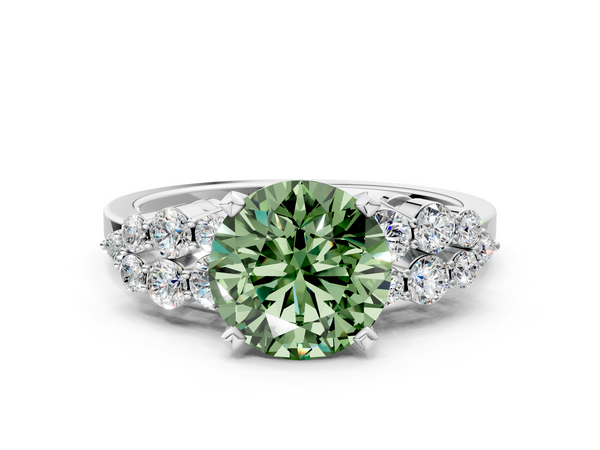 Platinum Fancy Green Round  Cluster Diamond Engagement Ring with Pavé Band and Four-Prong Setting