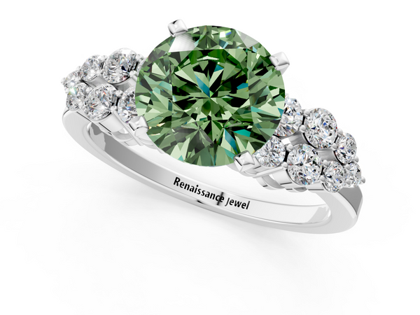 Platinum Fancy Green Round  Cluster Diamond Engagement Ring with Pavé Band and Four-Prong Setting