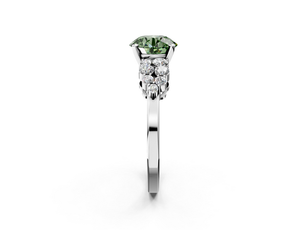 Platinum Fancy Green Round  Cluster Diamond Engagement Ring with Pavé Band and Four-Prong Setting