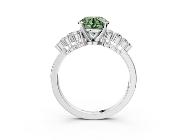 Platinum Fancy Green Round  Cluster Diamond Engagement Ring with Pavé Band and Four-Prong Setting