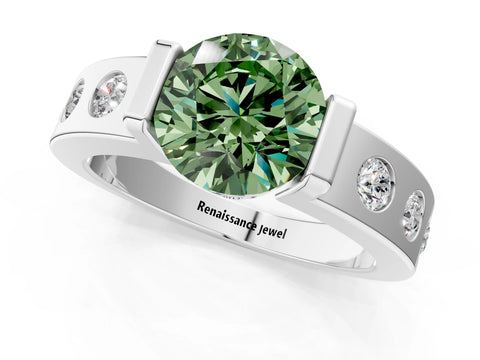 White gold Fancy Green Round Cut Brilliant Channel-Set Diamond Ring with Bezel Prong Setting_13