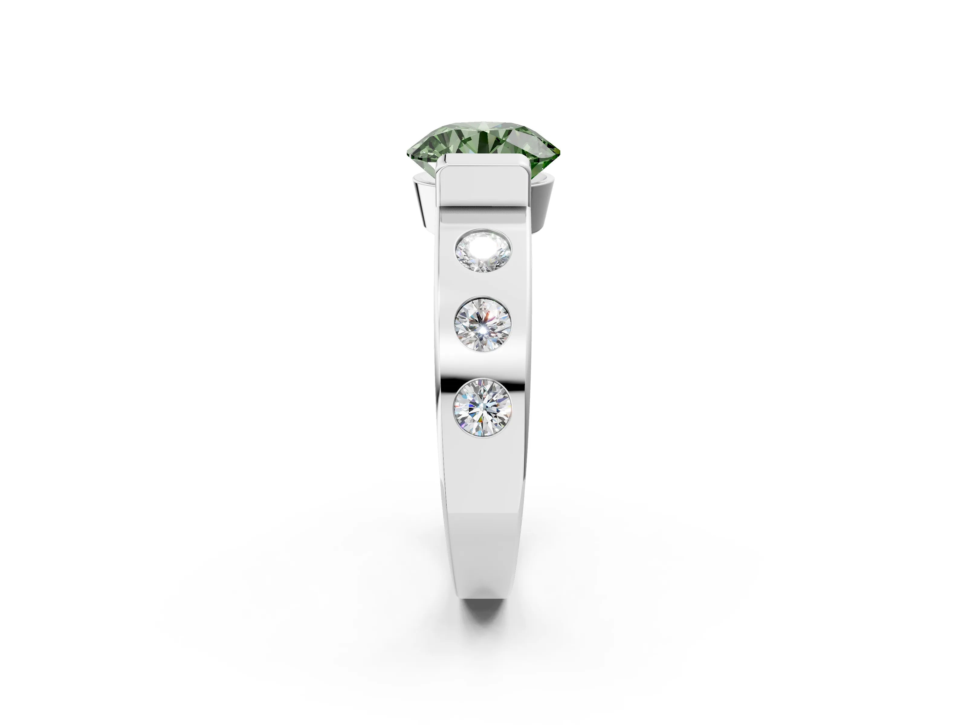 White gold Fancy Green Round Cut Brilliant Channel-Set Diamond Ring with Bezel Prong Setting_14