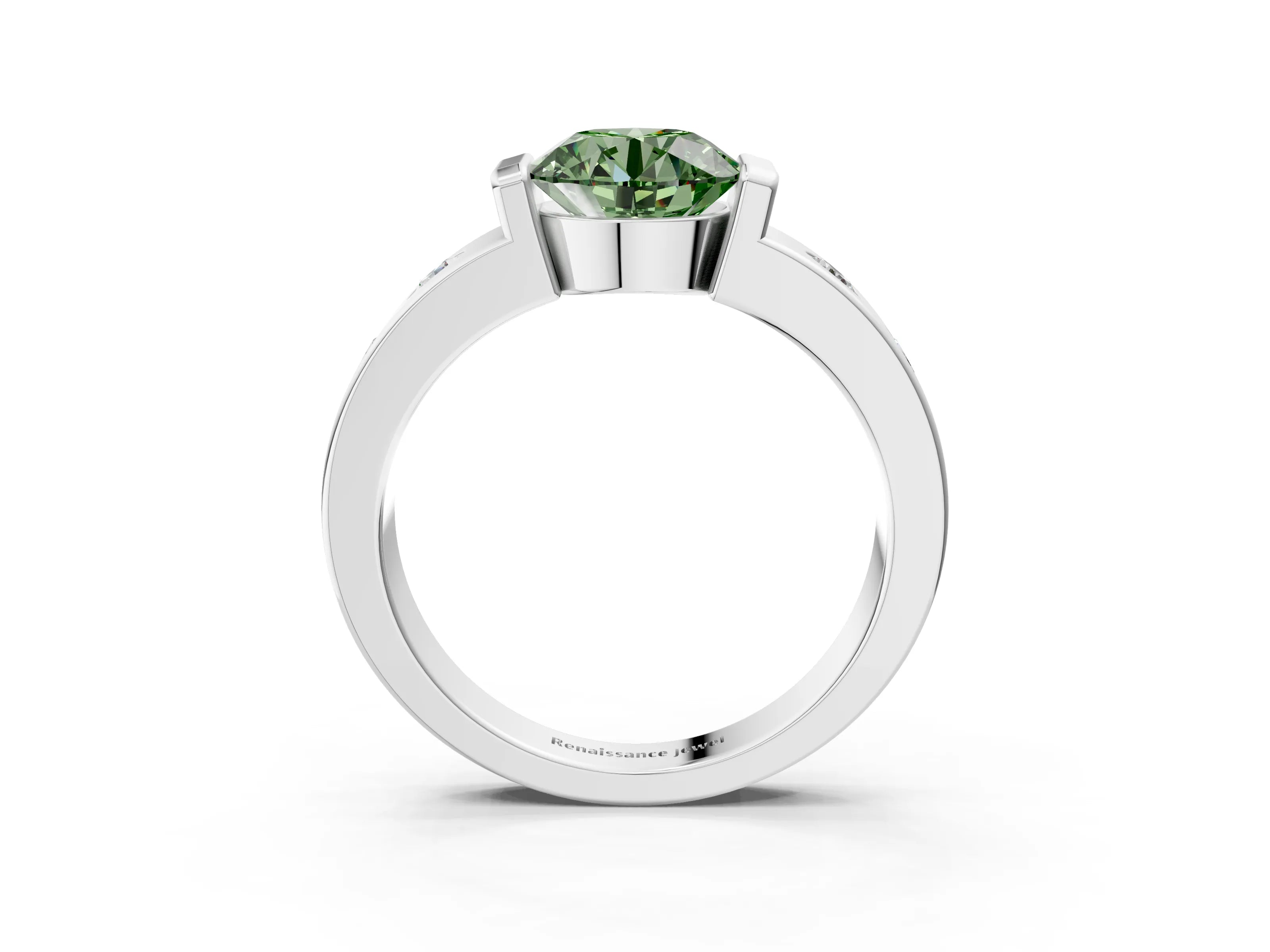 White gold Fancy Green Round Cut Brilliant Channel-Set Diamond Ring with Bezel Prong Setting_15