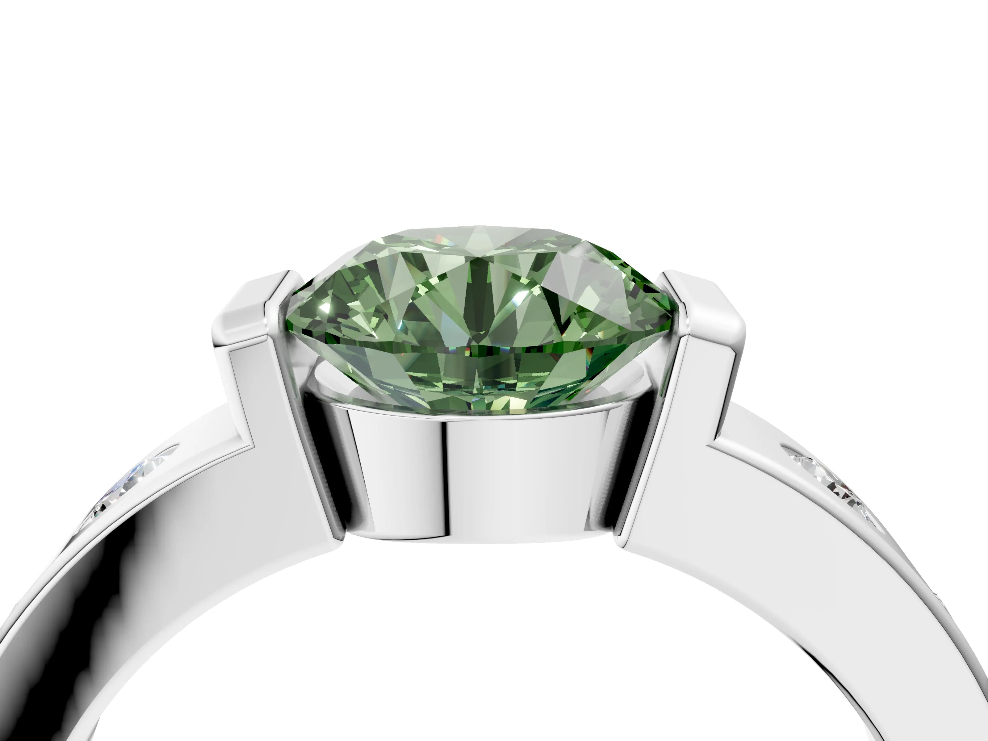 White gold Fancy Green Round Cut Brilliant Channel-Set Diamond Ring with Bezel Prong Setting_16