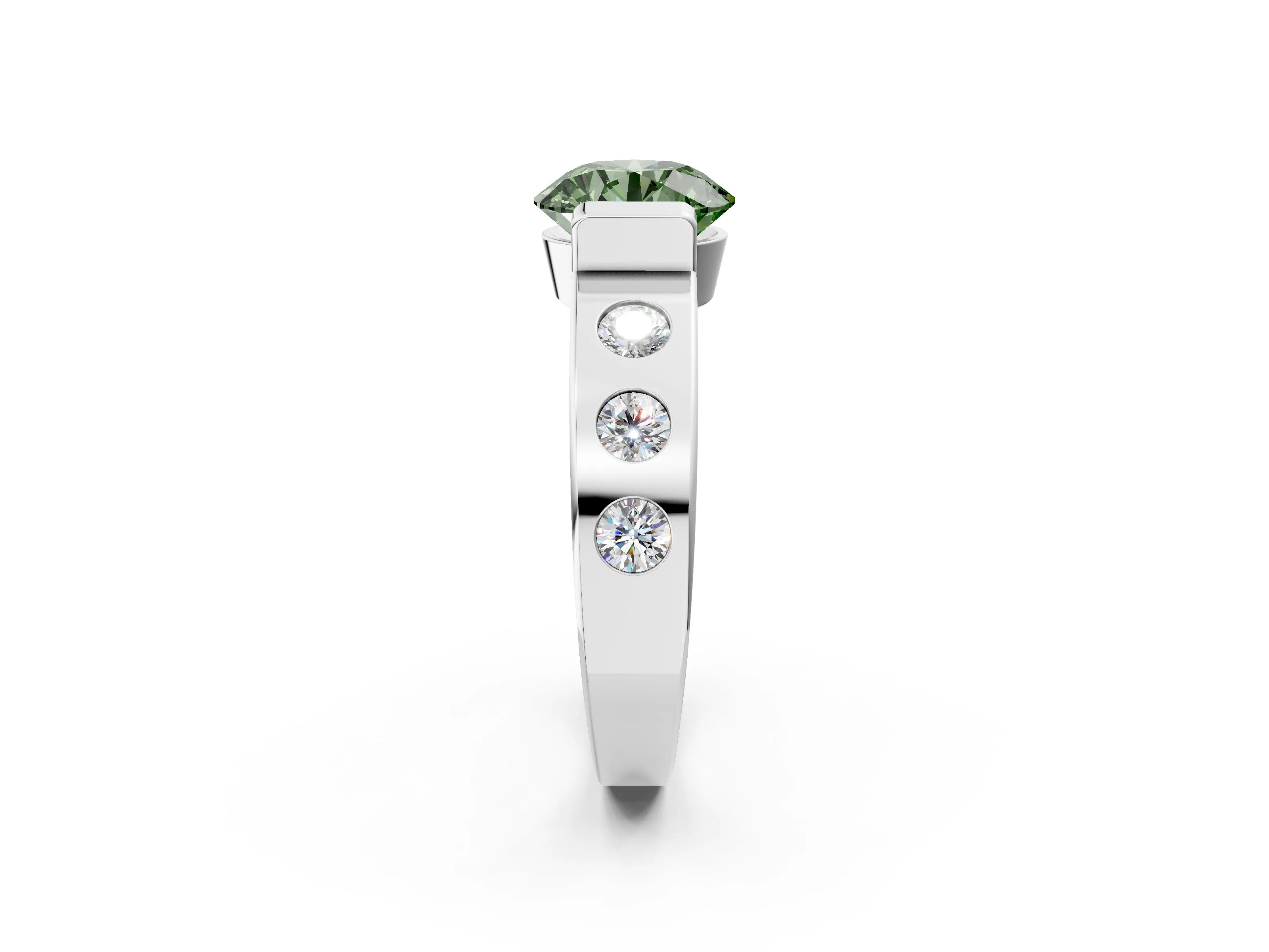White gold Fancy Green Round Cut Brilliant Channel-Set Diamond Ring with Bezel Prong Setting_2