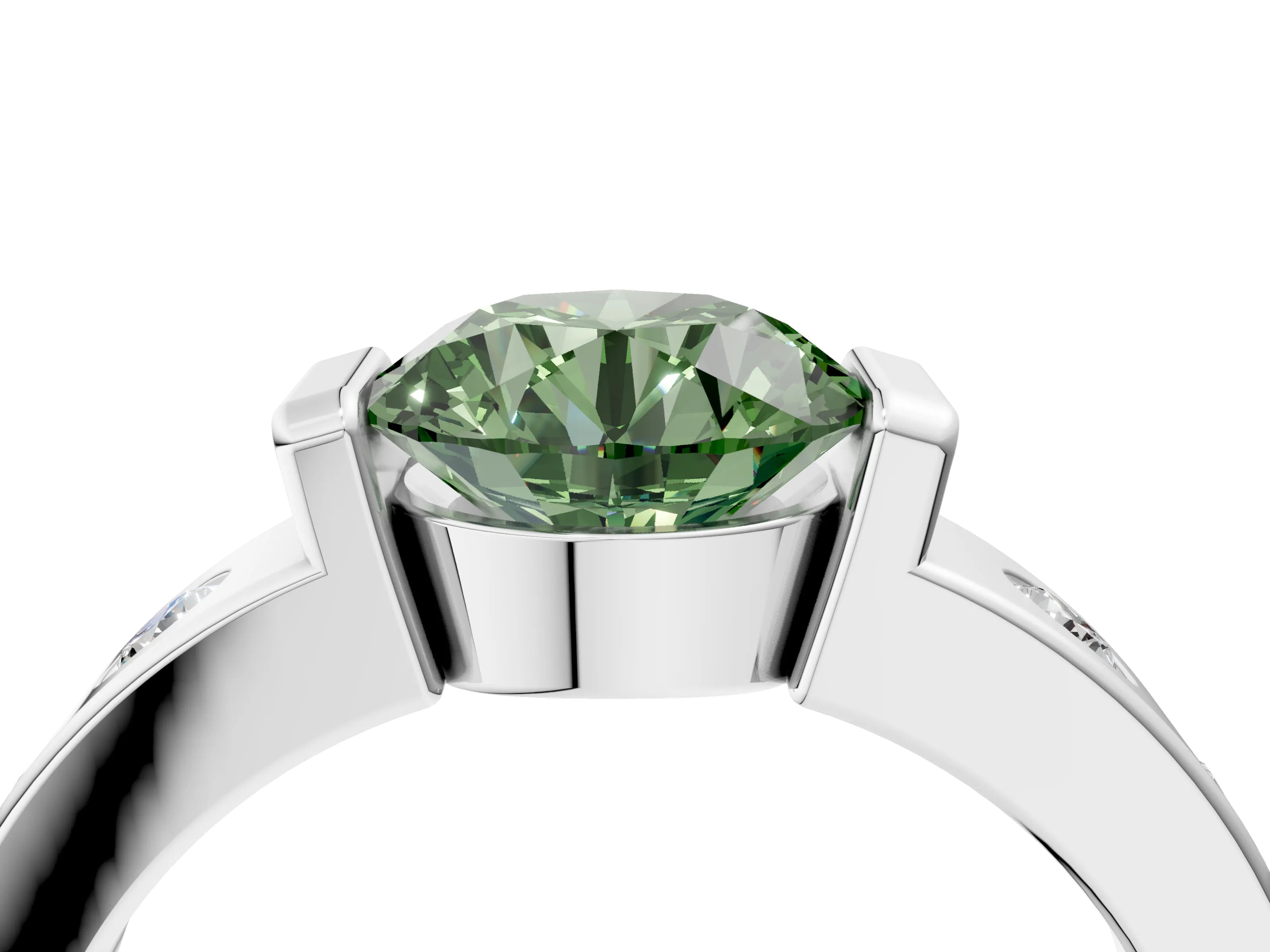 White gold Fancy Green Round Cut Brilliant Channel-Set Diamond Ring with Bezel Prong Setting_4