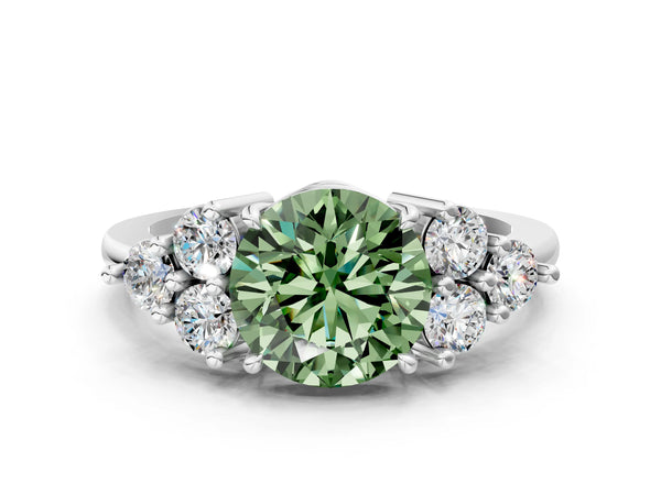 Platinum Fancy Green Round Cut Brilliant Diamond Cluster Accent Solitaire Ring with Prong Setting