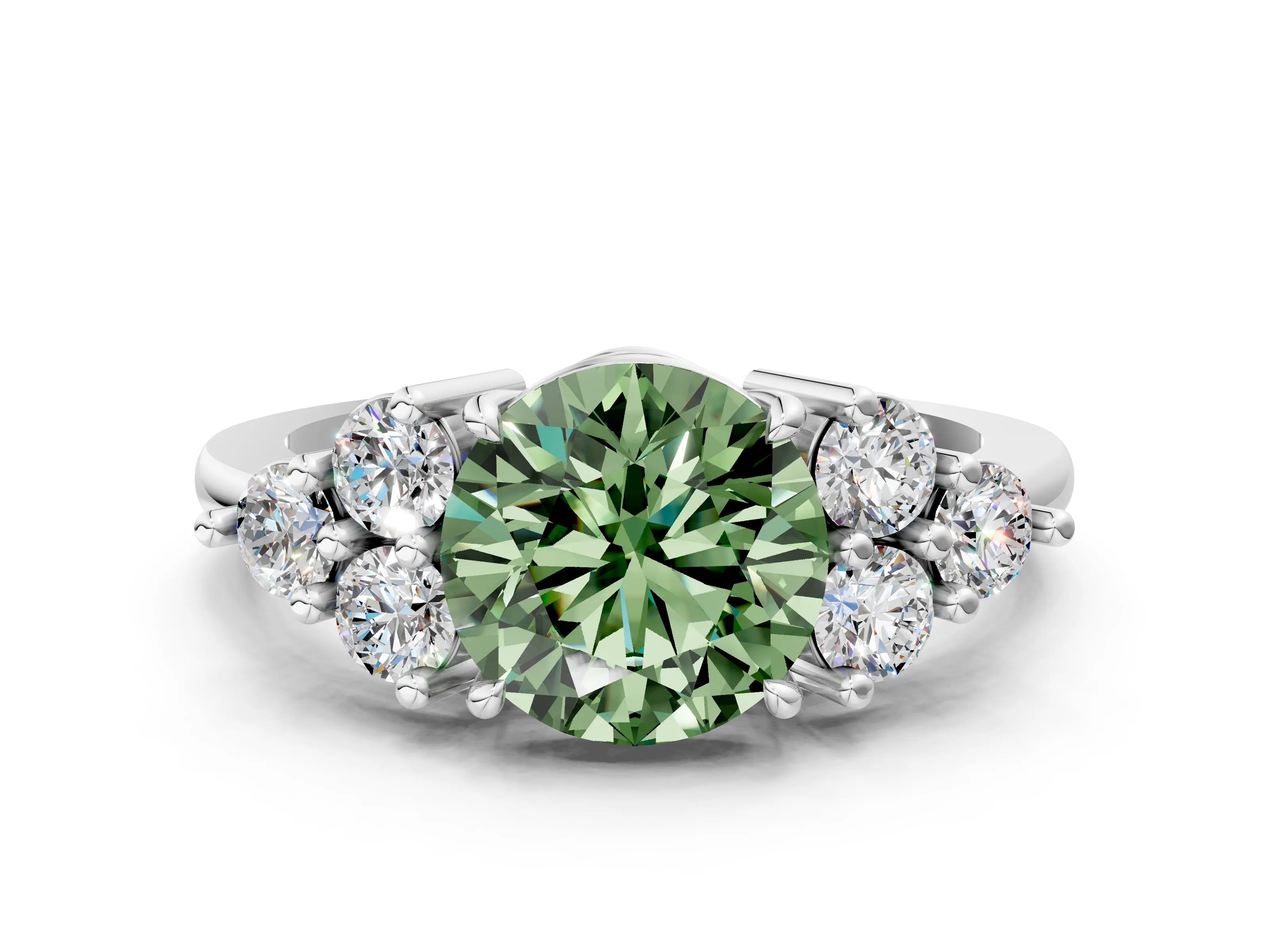 White gold Fancy Green Round Cut Brilliant Diamond Cluster Accent Solitaire Ring with Prong Setting