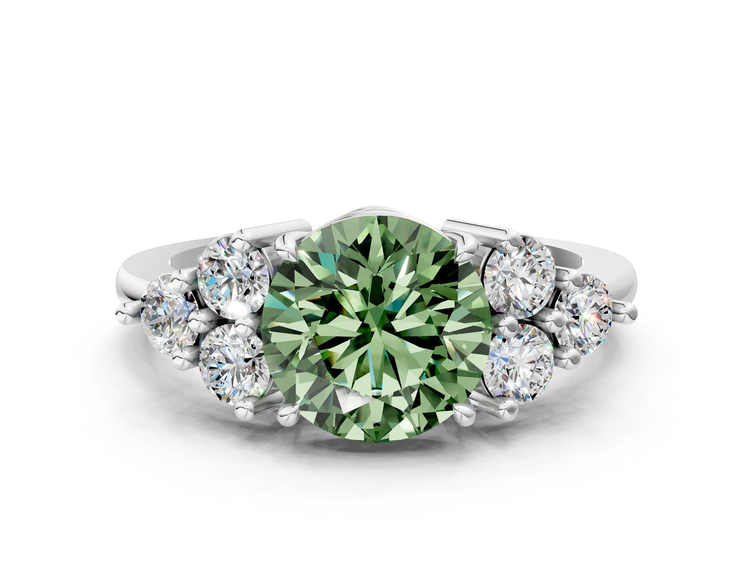 White gold Fancy Green Round Cut Brilliant Diamond Cluster Accent Solitaire Ring with Prong Setting_12