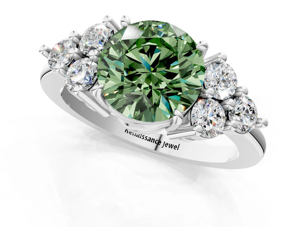 Platinum Fancy Green Round Cut Brilliant Diamond Cluster Accent Solitaire Ring with Prong Setting