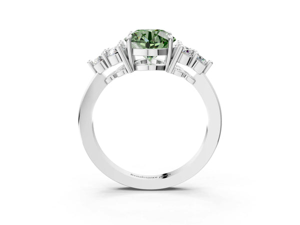 Platinum Fancy Green Round Cut Brilliant Diamond Cluster Accent Solitaire Ring with Prong Setting