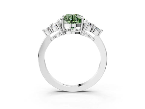 White gold Fancy Green Round Cut Brilliant Diamond Cluster Accent Solitaire Ring with Prong Setting_15