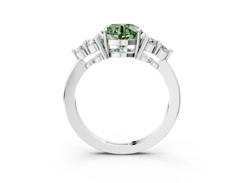 White gold Fancy Green Round Cut Brilliant Diamond Cluster Accent Solitaire Ring with Prong Setting_3