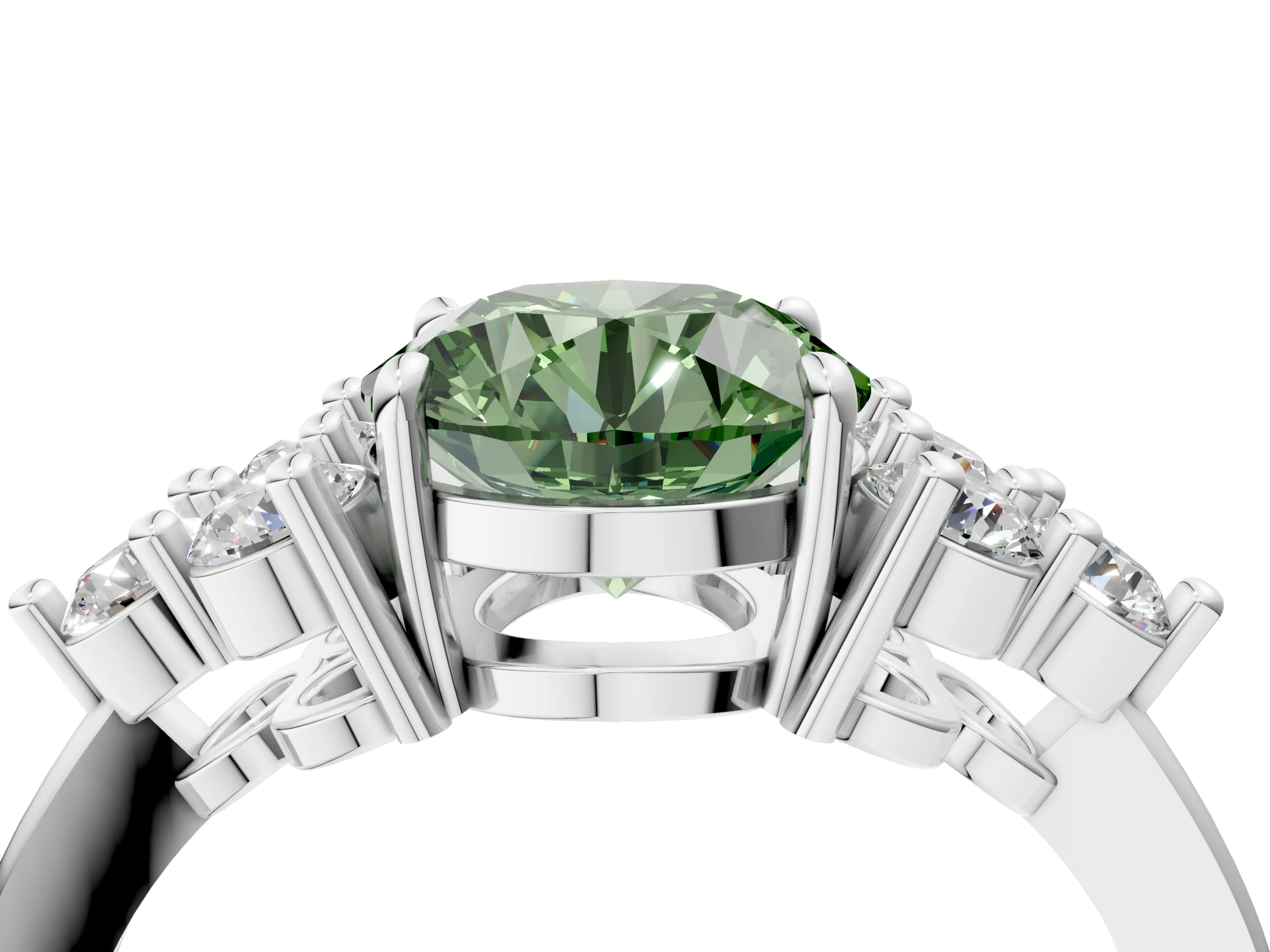 White gold Fancy Green Round Cut Brilliant Diamond Cluster Accent Solitaire Ring with Prong Setting_4