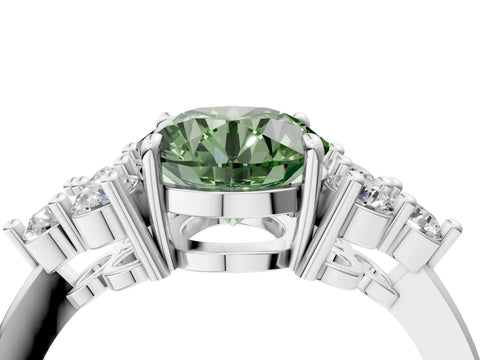 White gold Fancy Green Round Cut Brilliant Diamond Cluster Accent Solitaire Ring with Prong Setting_4
