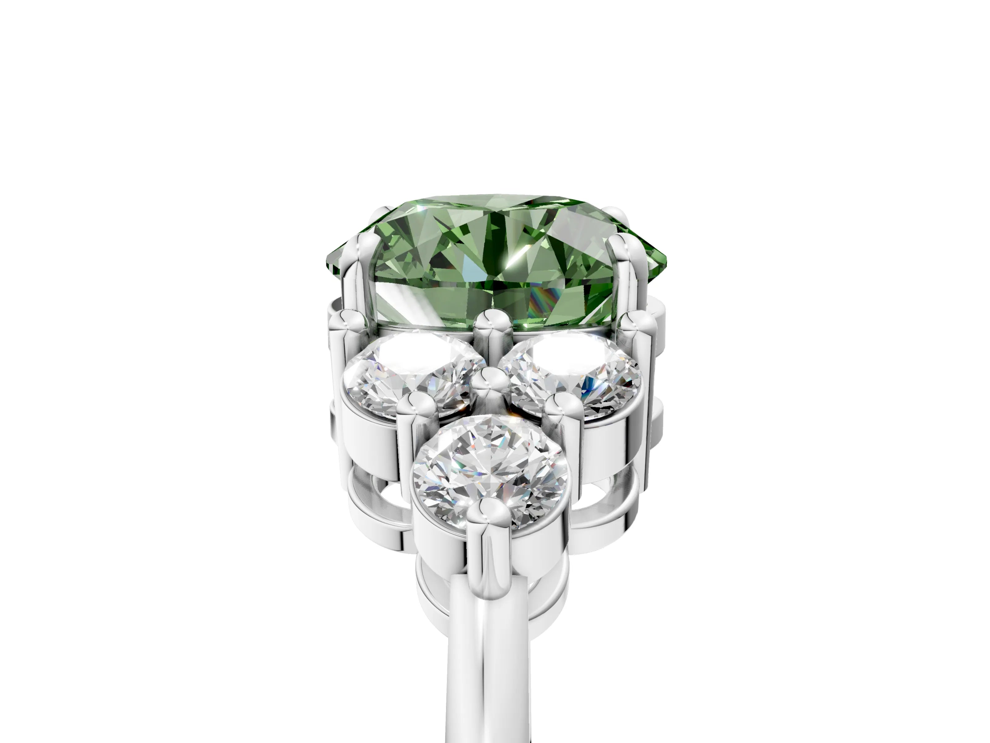 White gold Fancy Green Round Cut Brilliant Diamond Cluster Accent Solitaire Ring with Prong Setting_5