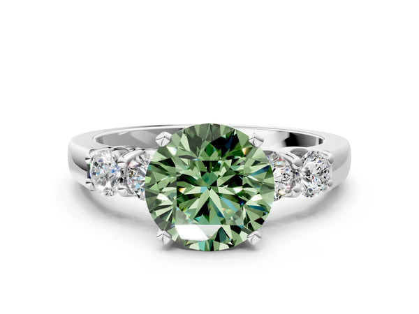 White gold Fancy Green Round Cut Brilliant Diamond Five-Stone Engagement Ring with Prong Setting on a Classic Band