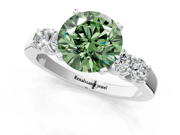 White gold Fancy Green Round Cut Brilliant Diamond Five-Stone Engagement Ring with Prong Setting on a Classic Band