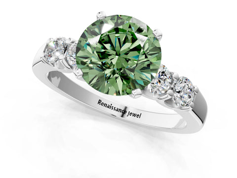 White gold Fancy Green Round Cut Brilliant Diamond Five-Stone Engagement Ring with Prong Setting on a Classic Band_4