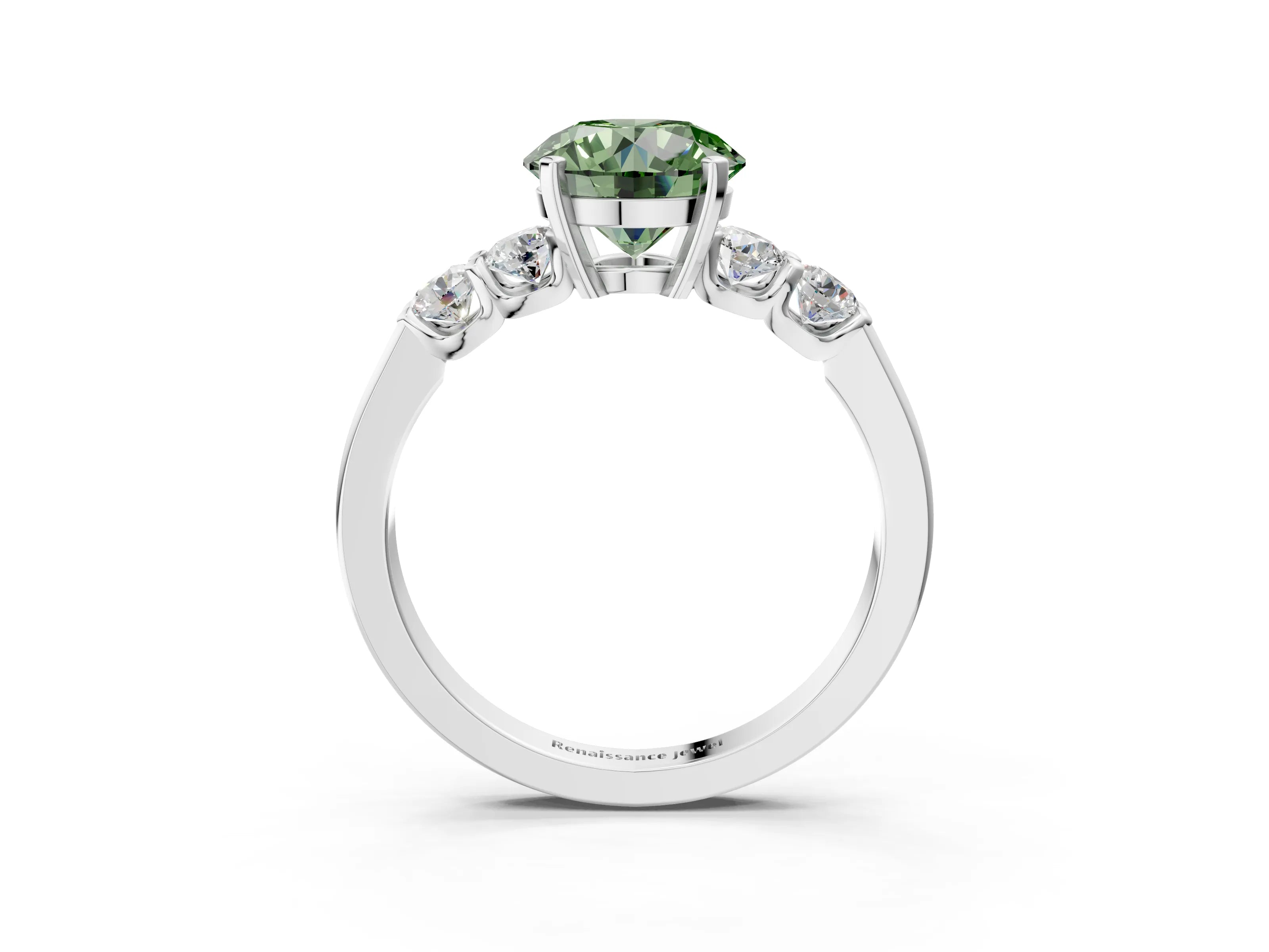 White gold Fancy Green Round Cut Brilliant Diamond Five-Stone Engagement Ring with Prong Setting on a Classic Band_6