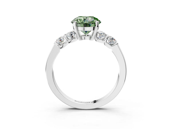 White gold Fancy Green Round Cut Brilliant Diamond Five-Stone Engagement Ring with Prong Setting on a Classic Band