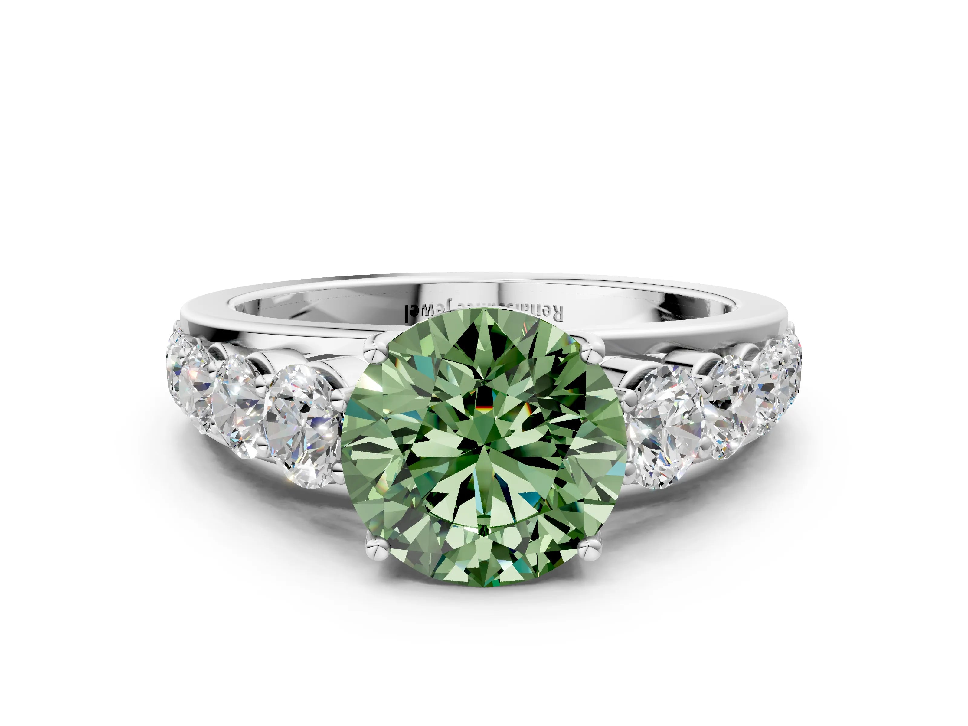 White gold Fancy Green Round Cut Brilliant Diamond Pavé Band with Six-Prong Setting