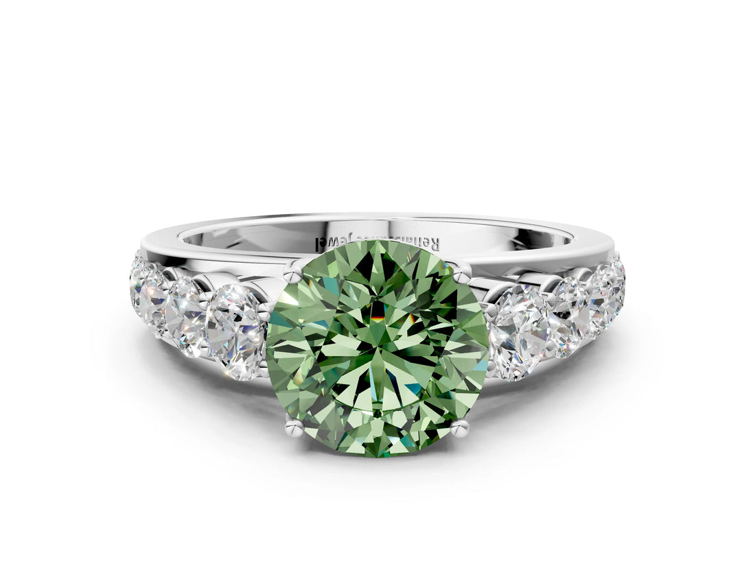 White gold Fancy Green Round Cut Brilliant Diamond Pavé Band with Six-Prong Setting_12