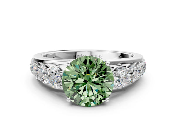White gold Fancy Green Round Cut Brilliant Diamond Pavé Band with Six-Prong Setting