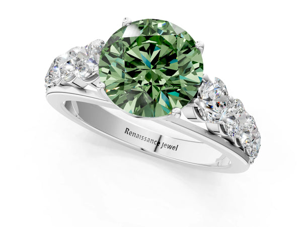 White gold Fancy Green Round Cut Brilliant Diamond Pavé Band with Six-Prong Setting