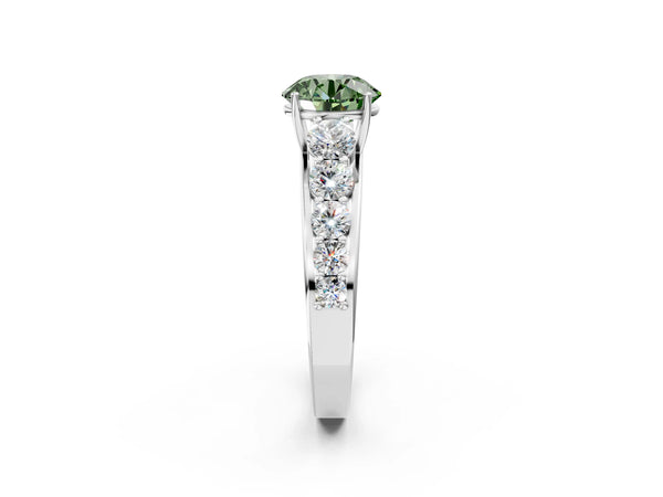 White gold Fancy Green Round Cut Brilliant Diamond Pavé Band with Six-Prong Setting
