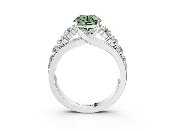 White gold Fancy Green Round Cut Brilliant Diamond Pavé Band with Six-Prong Setting